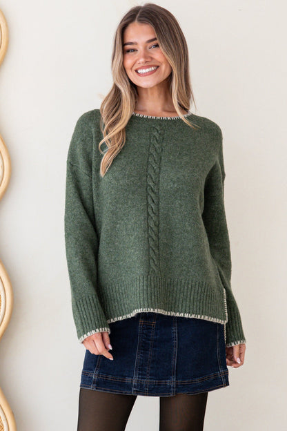 Halo Jumper - Crew Neck Cable Detailed Step Hem Knit with Contrast Hemlines in Green