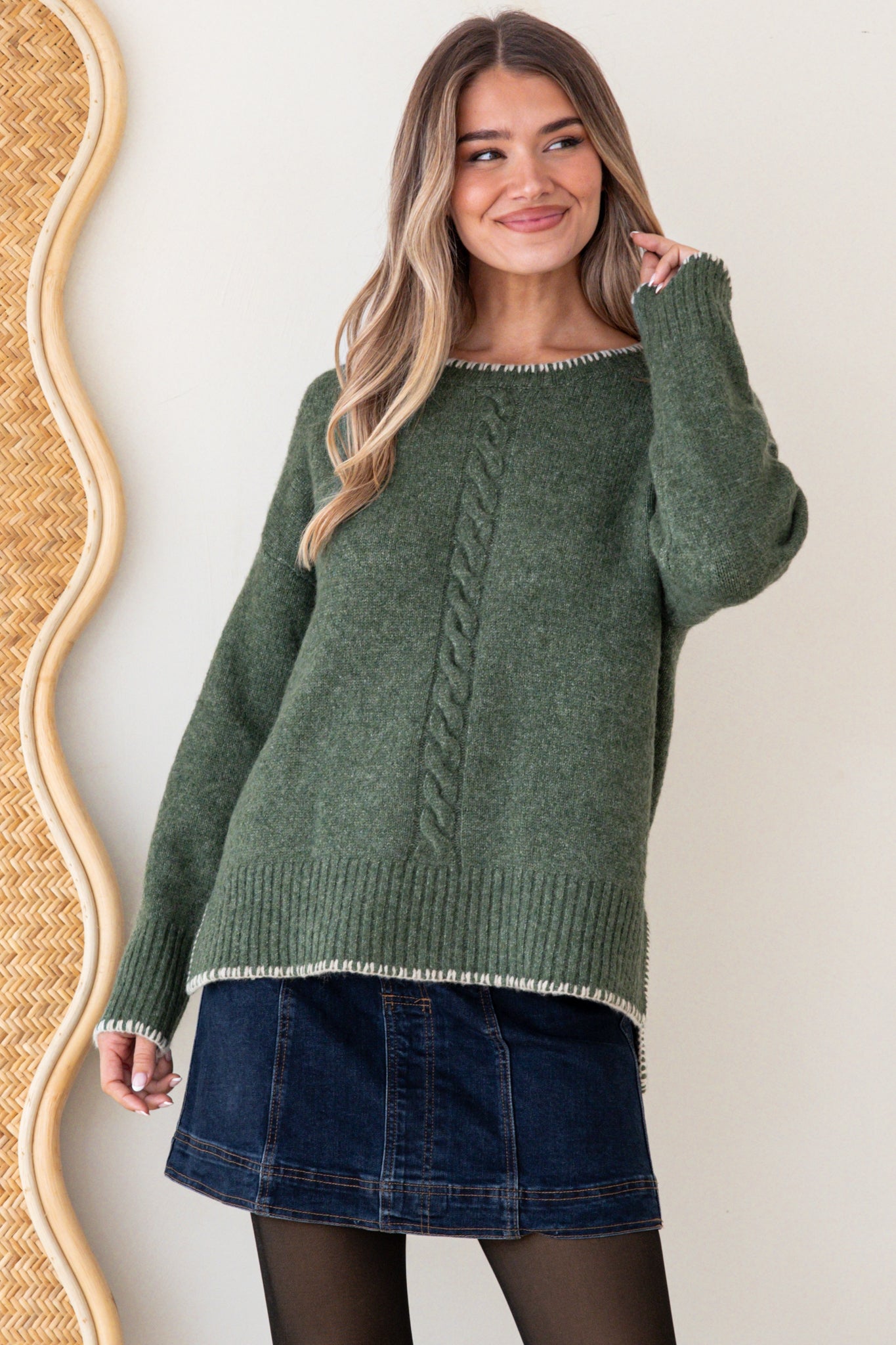 Halo Jumper - Crew Neck Cable Detailed Step Hem Knit with Contrast Hemlines in Green