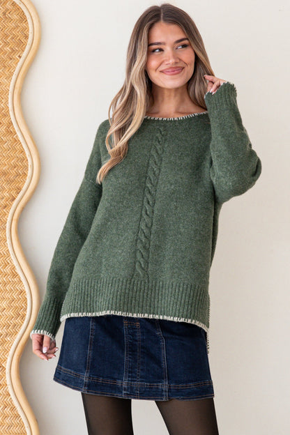 Halo Jumper - Crew Neck Cable Detailed Step Hem Knit with Contrast Hemlines in Green