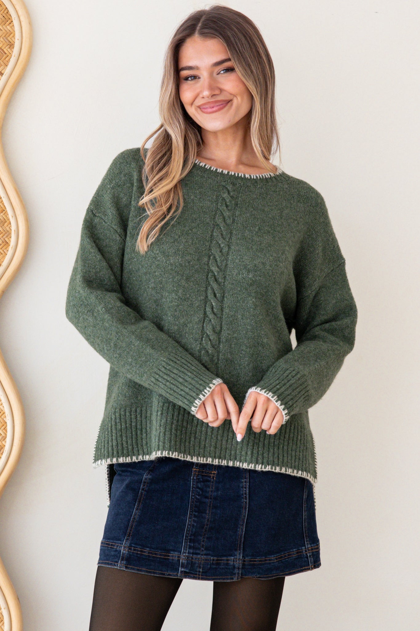 Halo Jumper - Crew Neck Cable Detailed Step Hem Knit with Contrast Hemlines in Green