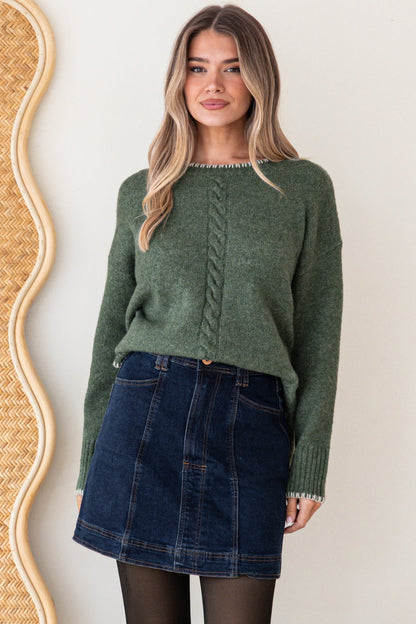Halo Jumper - Crew Neck Cable Detailed Step Hem Knit with Contrast Hemlines in Green