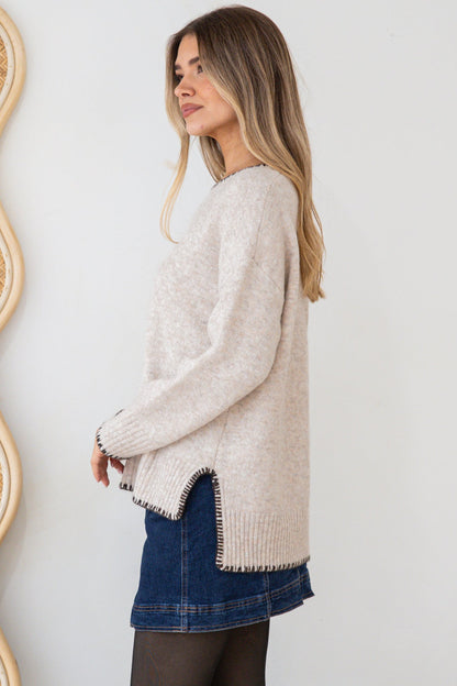 Halo Jumper - Crew Neck Cable Detailed Step Hem Knit with Contrast Hemlines in Latte