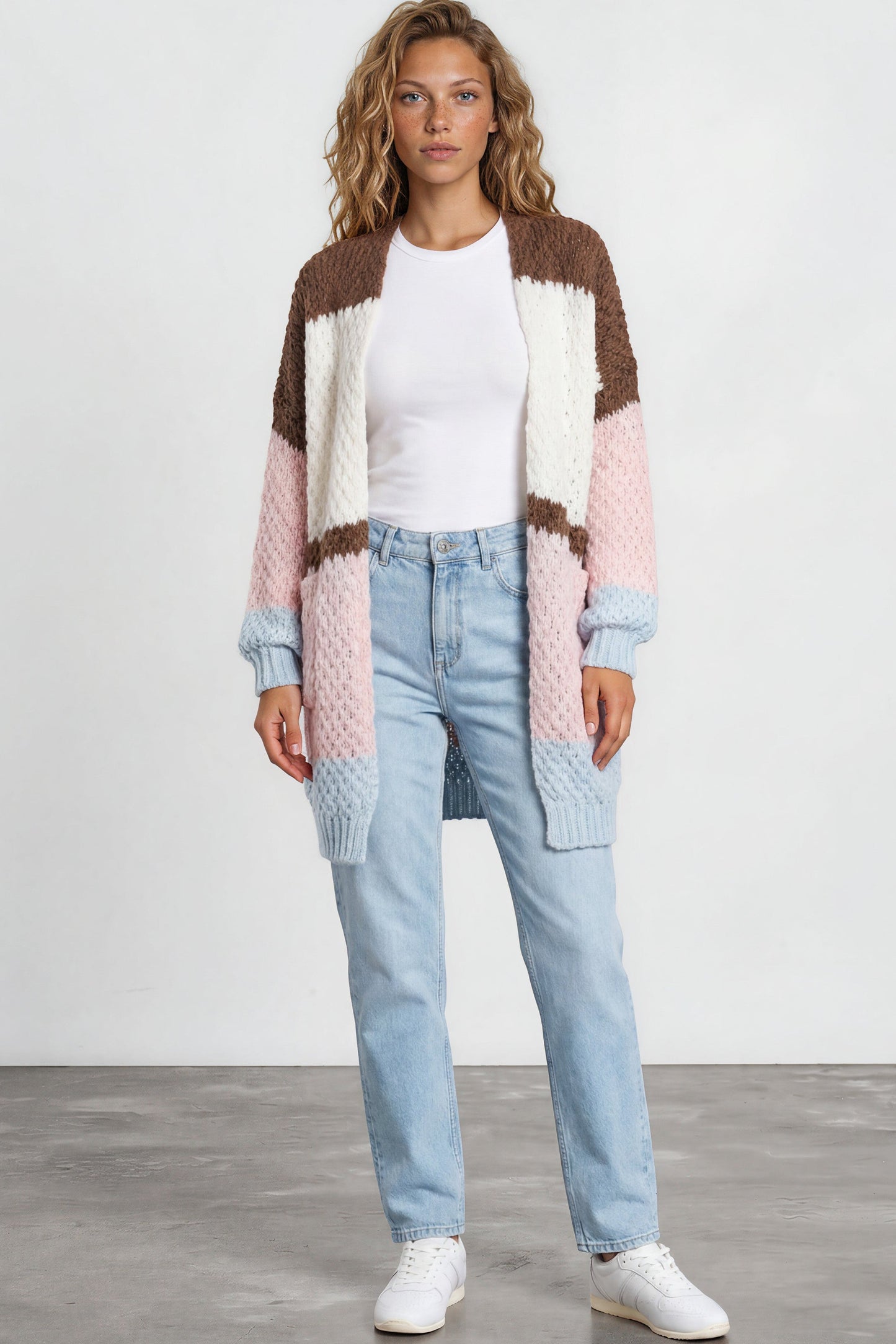 Hana Cardigan - Open Lattice Knit with Pockets and Balloon Sleeves in White/Coffee Multi