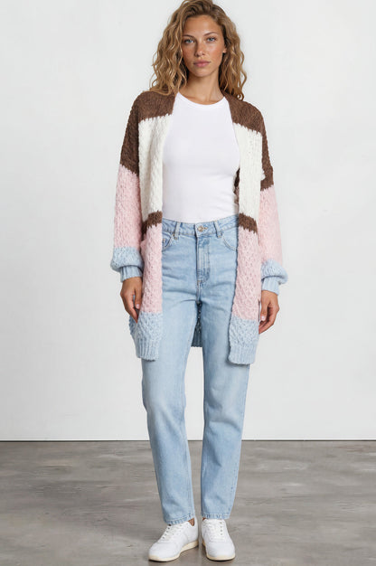 Hana Cardigan - Open Lattice Knit with Pockets and Balloon Sleeves in White/Coffee Multi