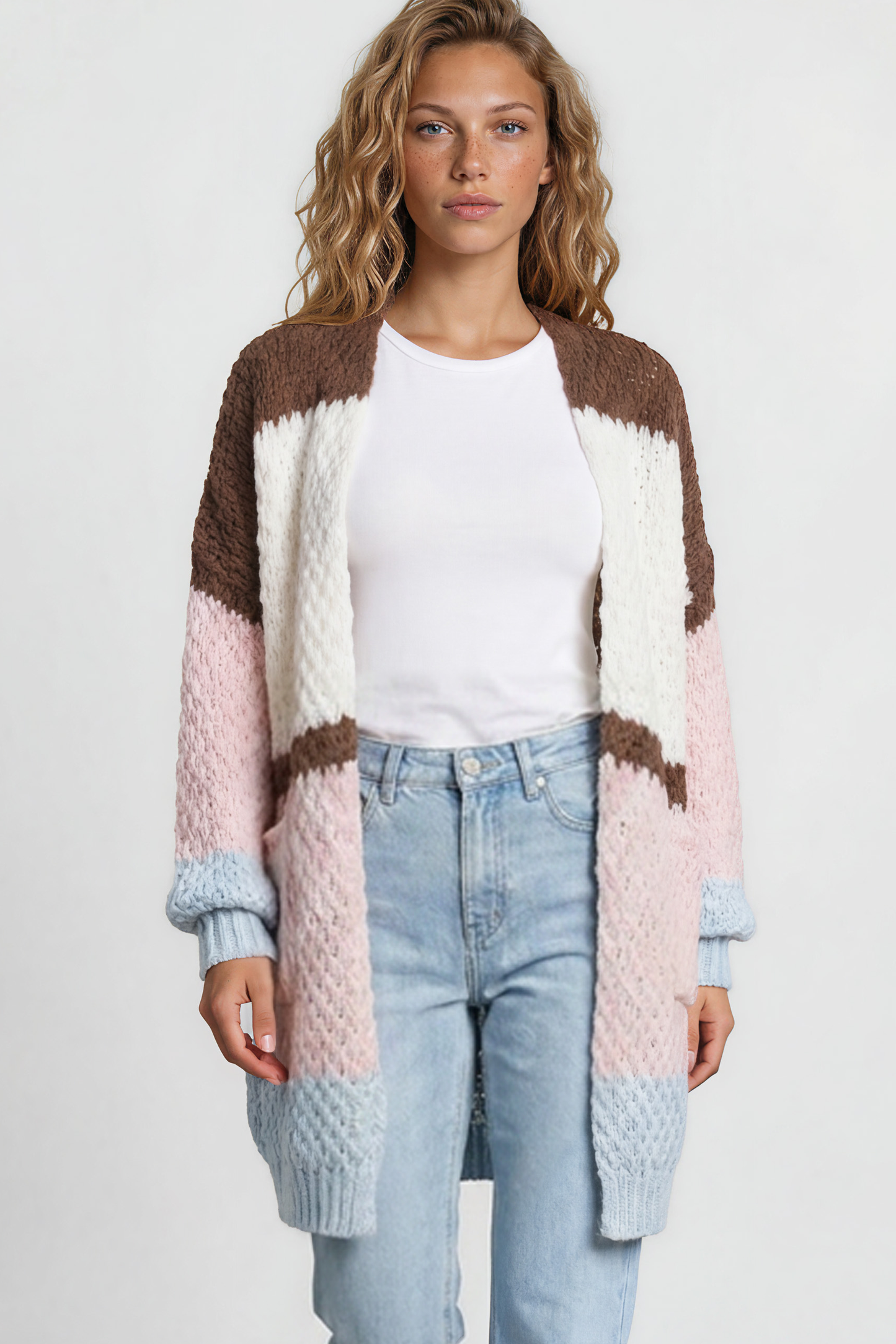 Hana Cardigan - Open Lattice Knit with Pockets and Balloon Sleeves in White/Coffee Multi