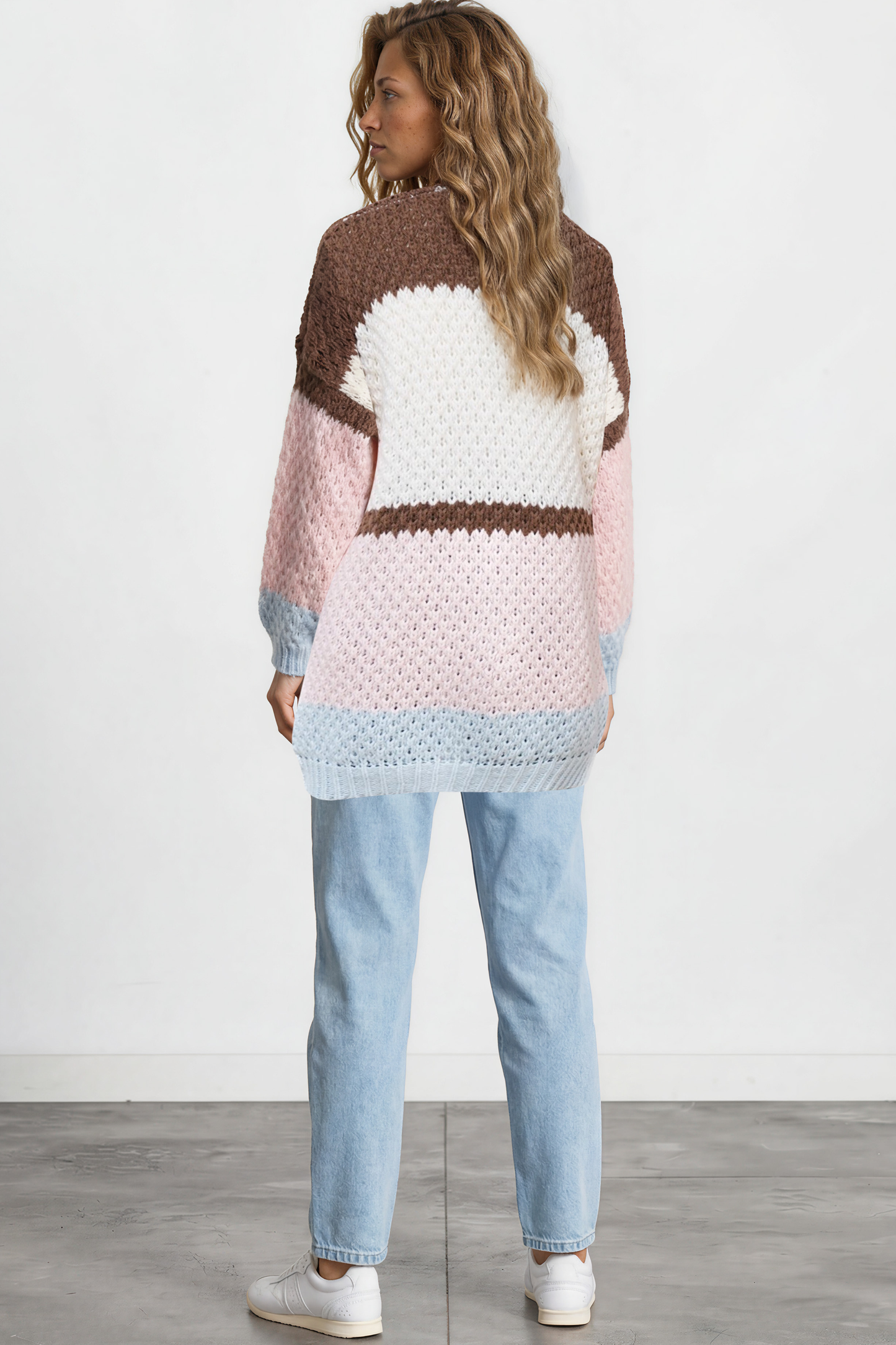 Hana Cardigan - Open Lattice Knit with Pockets and Balloon Sleeves in White/Coffee Multi