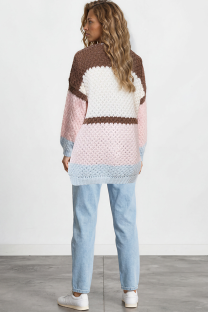 Hana Cardigan - Open Lattice Knit with Pockets and Balloon Sleeves in White/Coffee Multi