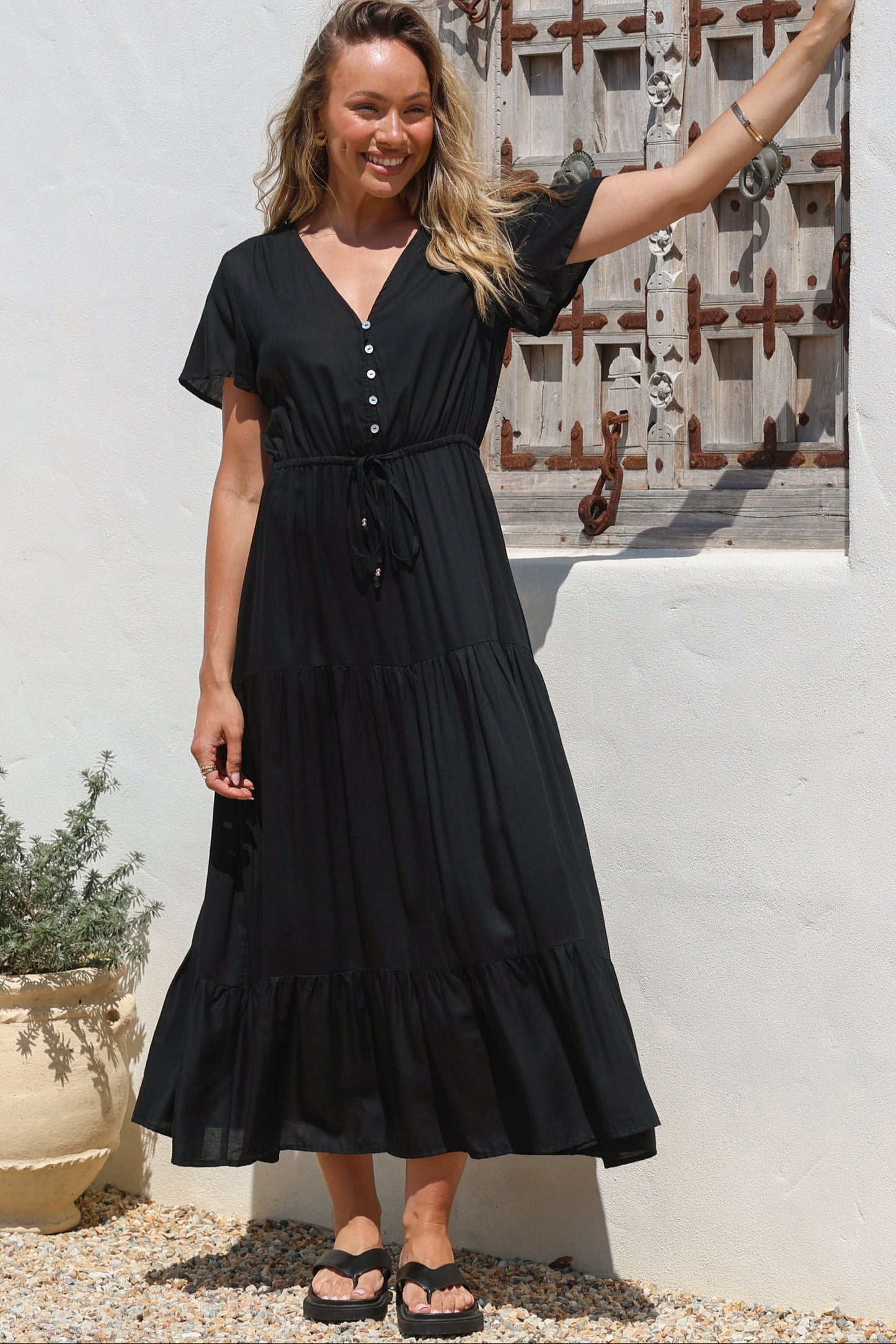 Hanna Maxi Dress - Cap Sleeve Tiered A Line Dress with Toggle Detailed Waist Tie in Black