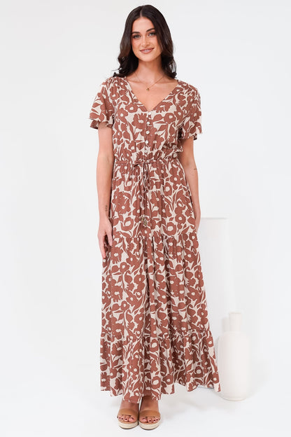 Hanna Maxi Dress - Cap Sleeve Tiered A Line Dress with Toggle Detailed Waist Tie in Emma-Jade Print Brown