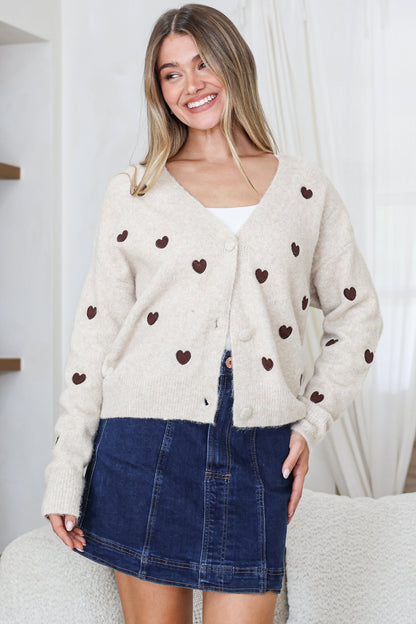 Hartley Cardigan - V Neck Button Front Heart Embroidered Knit with Matching Fabric Buttons in Cream