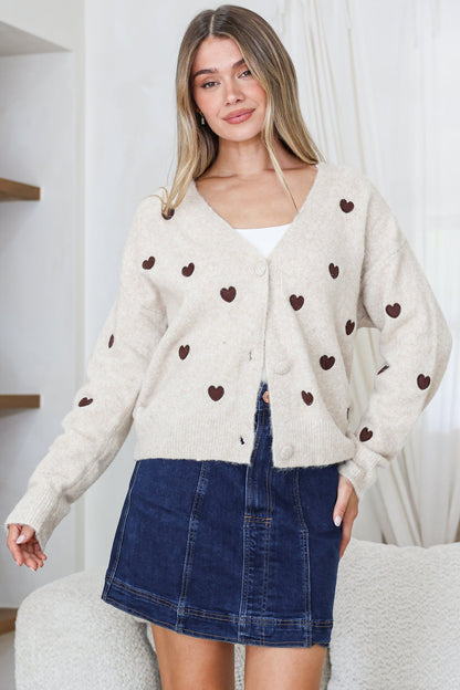 Hartley Cardigan - V Neck Button Front Heart Embroidered Knit with Matching Fabric Buttons in Cream
