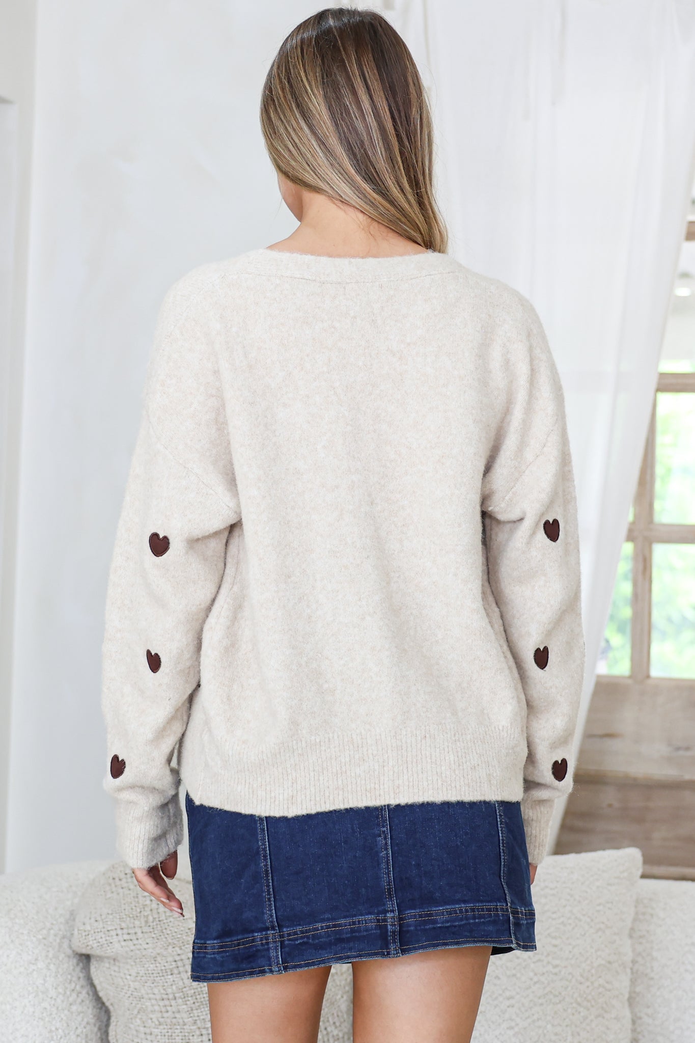 Hartley Cardigan - V Neck Button Front Heart Embroidered Knit with Matching Fabric Buttons in Cream