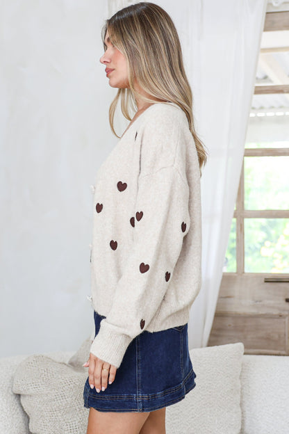Hartley Cardigan - V Neck Button Front Heart Embroidered Knit with Matching Fabric Buttons in Cream