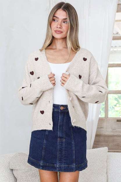Hartley Cardigan - V Neck Button Front Heart Embroidered Knit with Matching Fabric Buttons in Cream