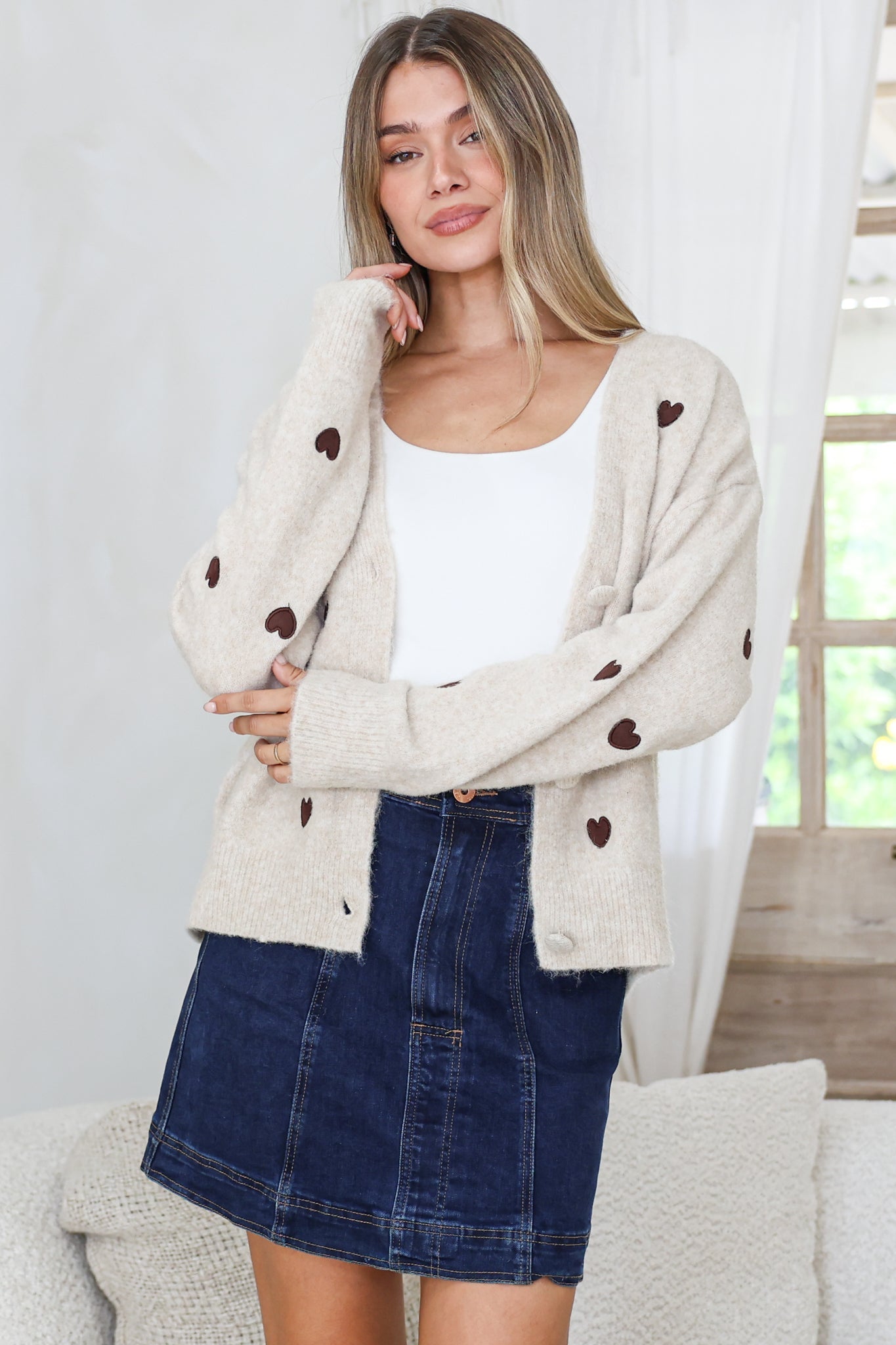 Hartley Cardigan - V Neck Button Front Heart Embroidered Knit with Matching Fabric Buttons in Cream