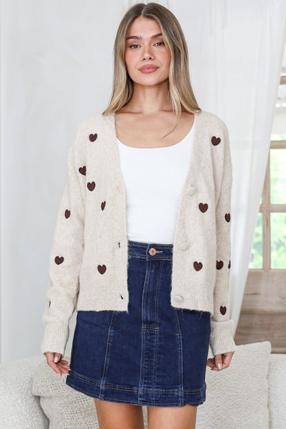Hartley Cardigan - V Neck Button Front Heart Embroidered Knit with Matching Fabric Buttons in Cream