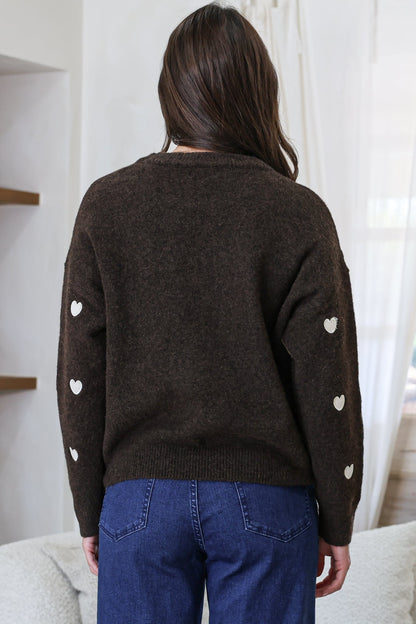 Hartley Jumper - Crew Neck Embroidered Heart Motif Knit in Coffee