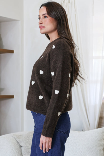 Hartley Jumper - Crew Neck Embroidered Heart Motif Knit in Coffee