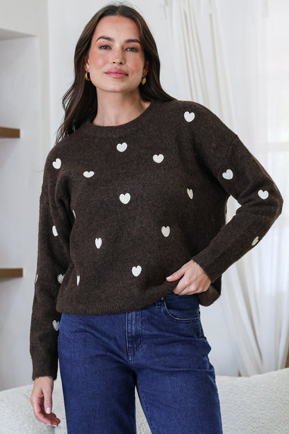 Hartley Jumper - Crew Neck Embroidered Heart Motif Knit in Coffee