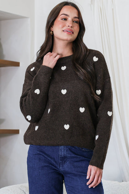 Hartley Jumper - Crew Neck Embroidered Heart Motif Knit in Coffee