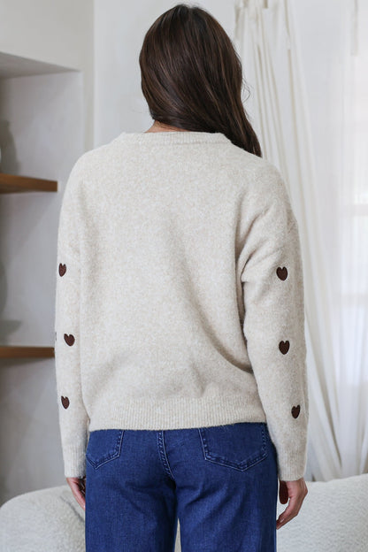 Hartley Jumper - Crew Neck Embroidered Heart Motif Knit in Cream