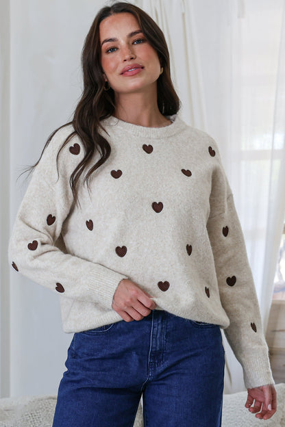 Hartley Jumper - Crew Neck Embroidered Heart Motif Knit in Cream