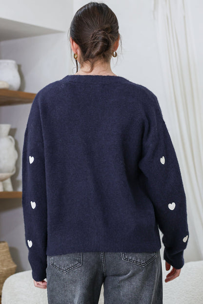 Hartley Cardigan - V Neck Button Front Heart Embroidered Knit with Matching Fabric Buttons in Navy