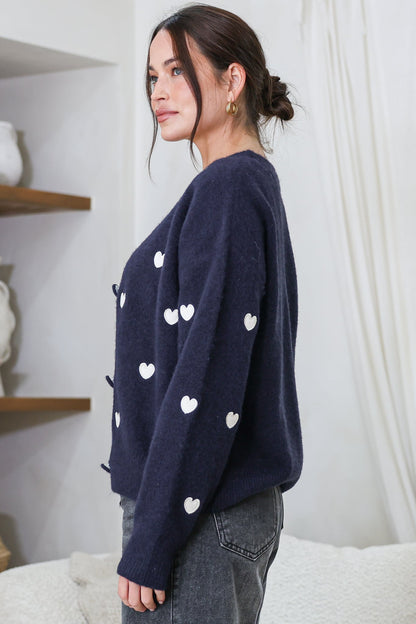 Hartley Cardigan - V Neck Button Front Heart Embroidered Knit with Matching Fabric Buttons in Navy