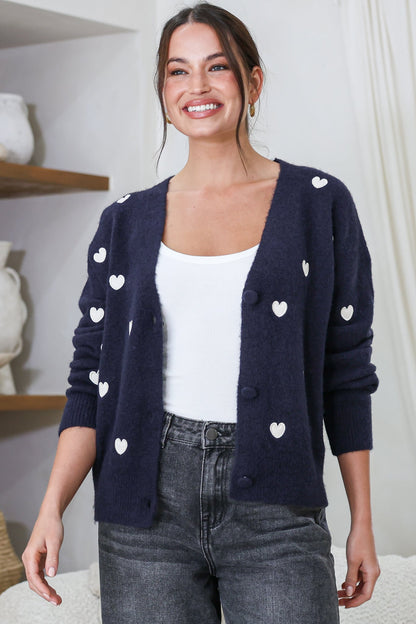 Hartley Cardigan - V Neck Button Front Heart Embroidered Knit with Matching Fabric Buttons in Navy