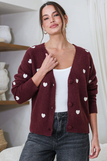 Hartley Cardigan - V Neck Button Front Heart Embroidered Knit with Matching Fabric Buttons in Wine