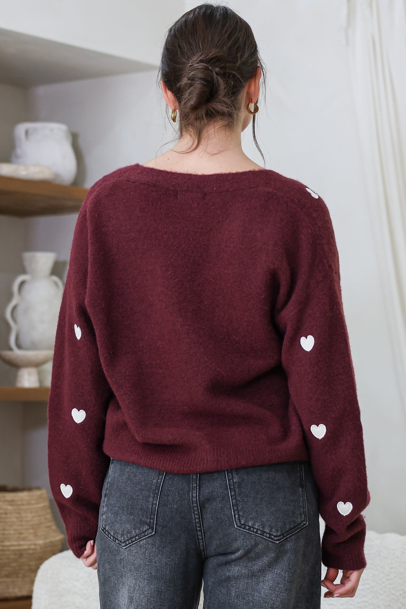 Hartley Cardigan - V Neck Button Front Heart Embroidered Knit with Matching Fabric Buttons in Wine