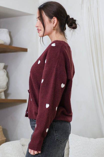 Hartley Cardigan - V Neck Button Front Heart Embroidered Knit with Matching Fabric Buttons in Wine
