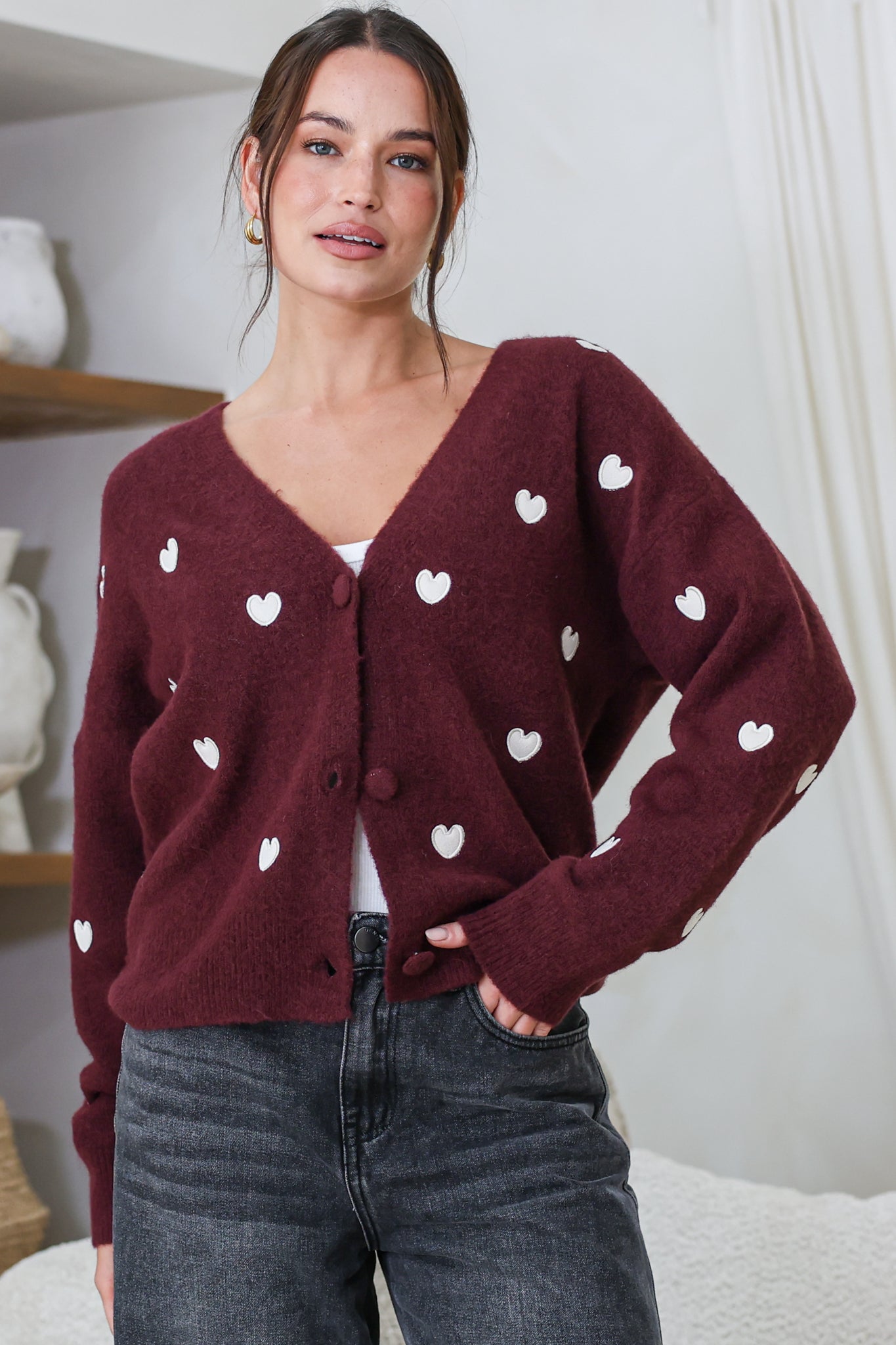 Hartley Cardigan - V Neck Button Front Heart Embroidered Knit with Matching Fabric Buttons in Wine