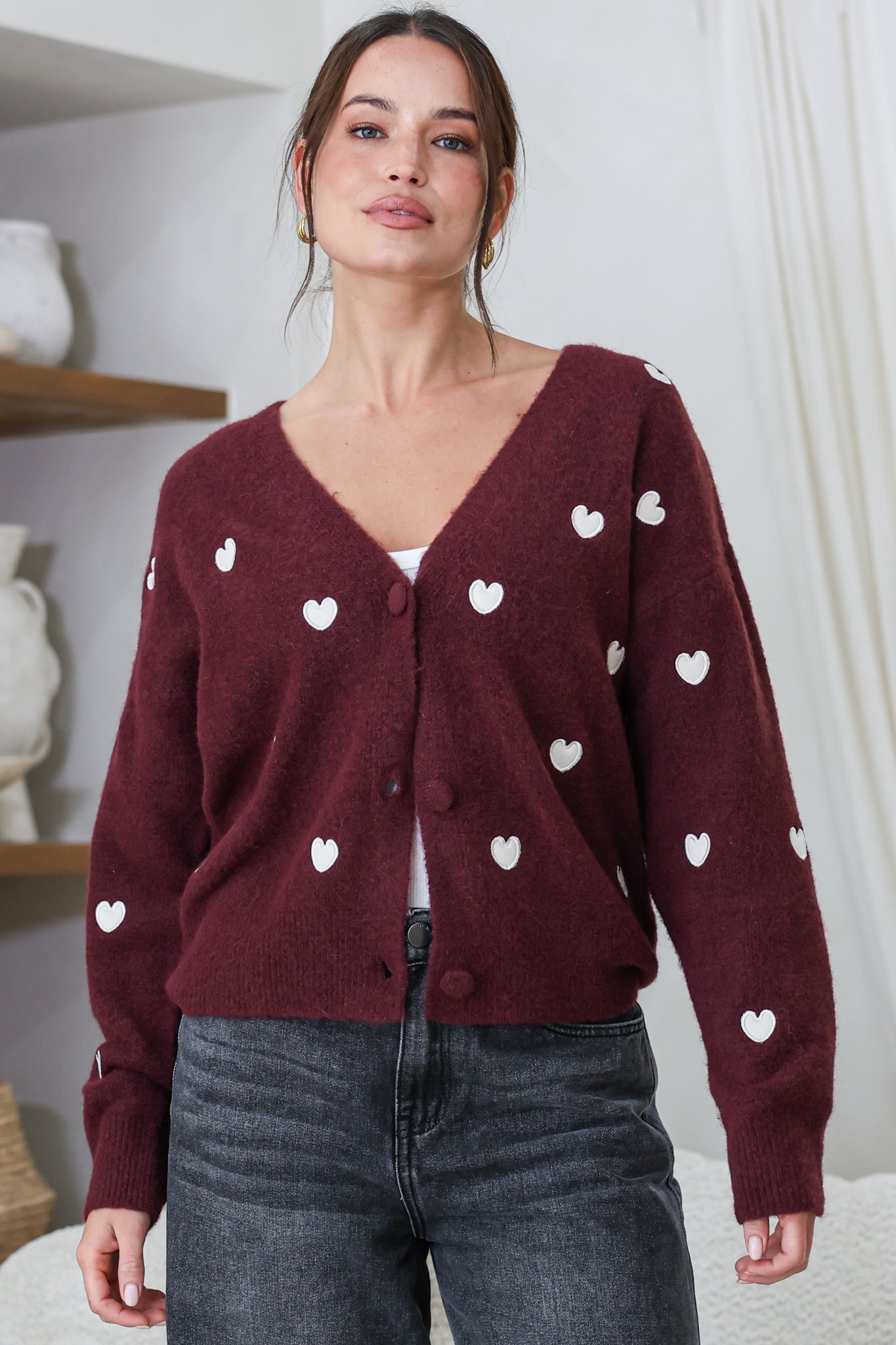 Hartley Cardigan - V Neck Button Front Heart Embroidered Knit with Matching Fabric Buttons in Wine