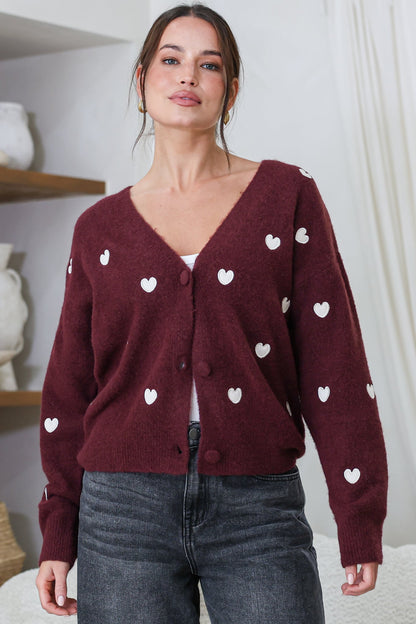 Hartley Cardigan - V Neck Button Front Heart Embroidered Knit with Matching Fabric Buttons in Wine