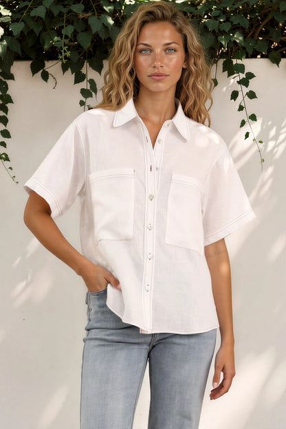 Harvie Shirt - Wing Collar Linen Button Down with Double Pockets in White
