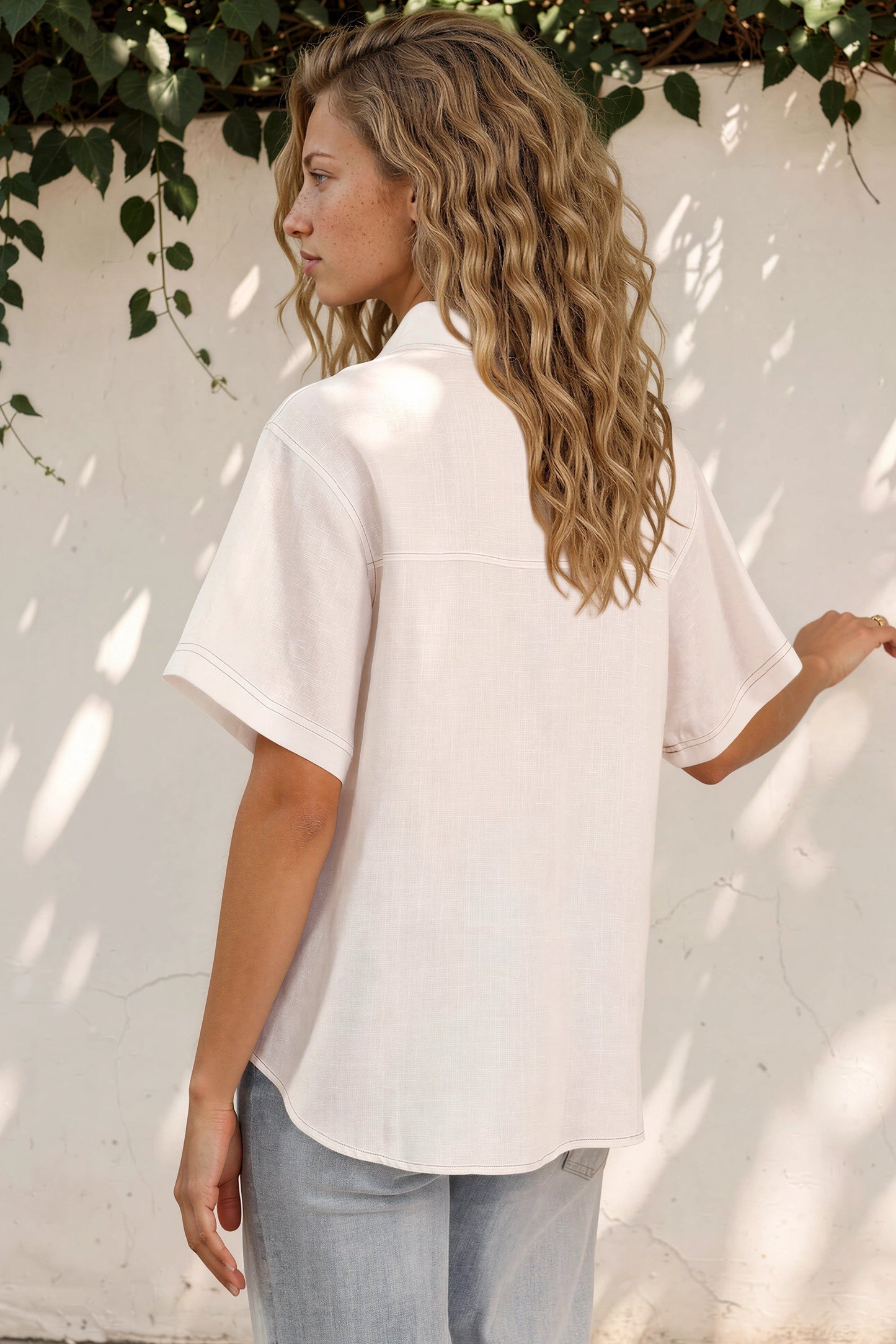 Harvie Shirt - Wing Collar Linen Button Down with Double Pockets in White