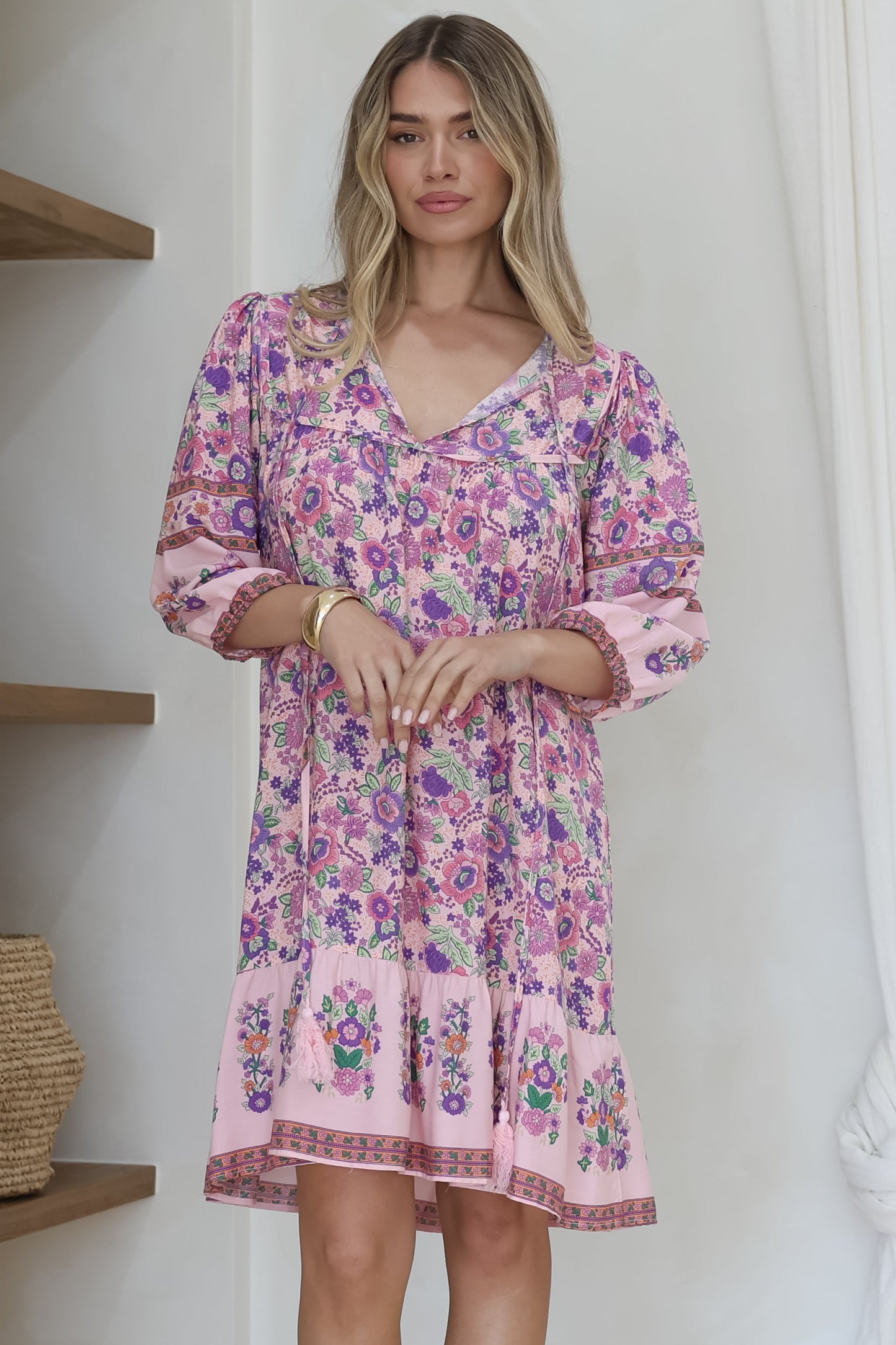 Helda Mini Dress - V-Neck Shift Dress with Balloon Sleeves in Aletta Print Pink