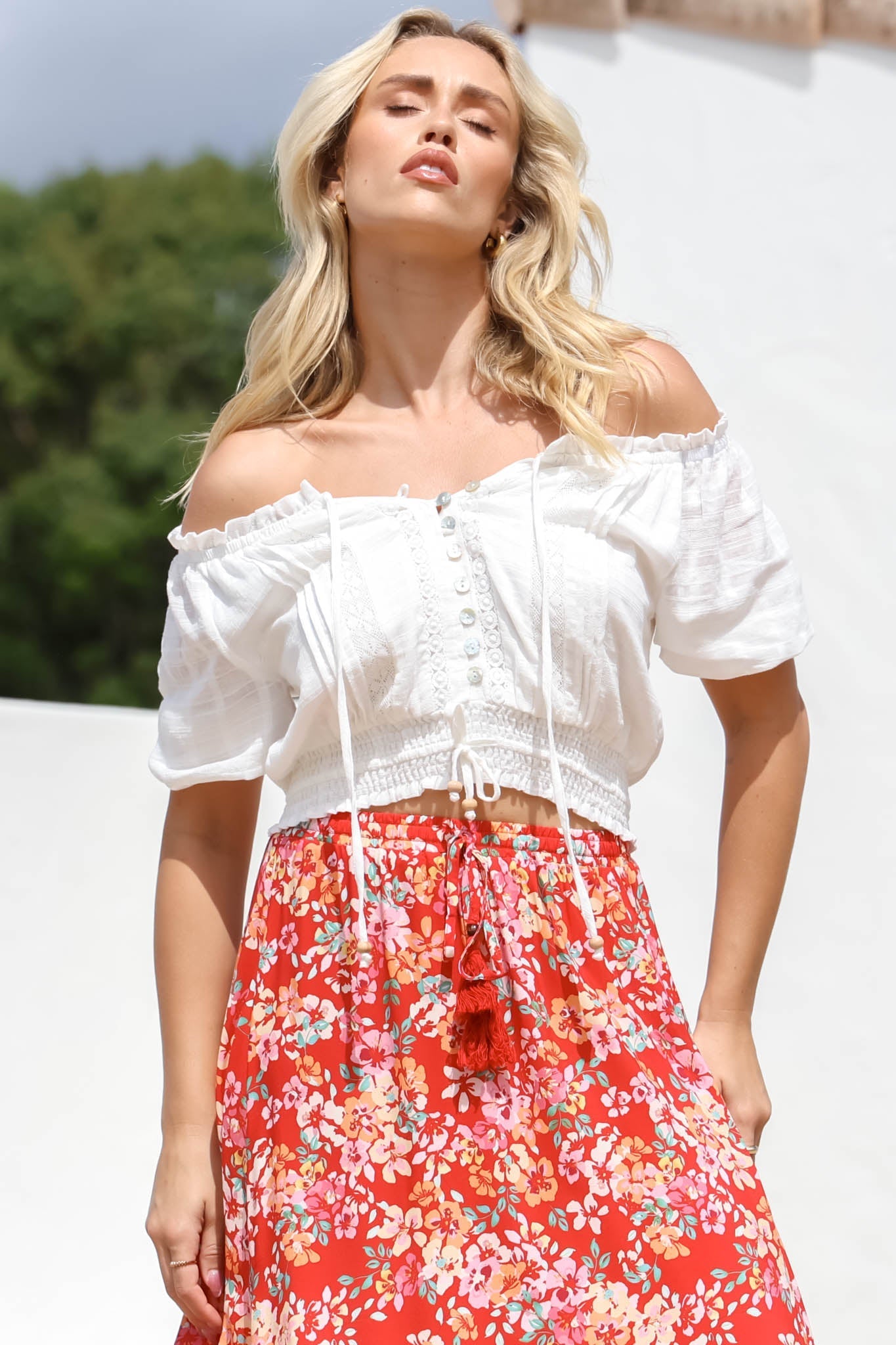 Nadiya Crop - Adjustable Neck and Hemline Crop Top with Pleating Details in White