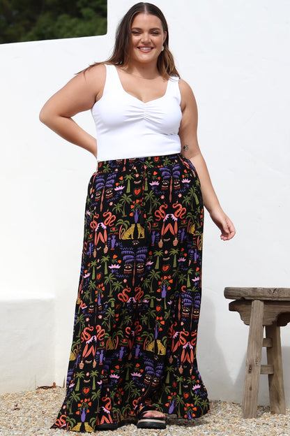 Hellen Maxi Skirt - High Waisted Skirt with Front Splits in Ayla Print Black