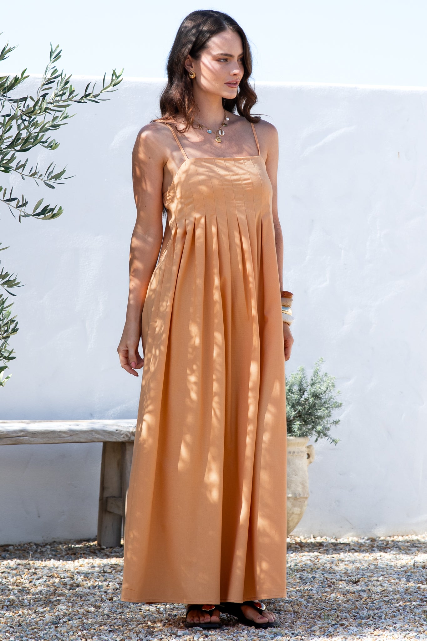Hepburn Maxi Dress - Adjustable Strap Pleated Bodice Sun Dress in Peach