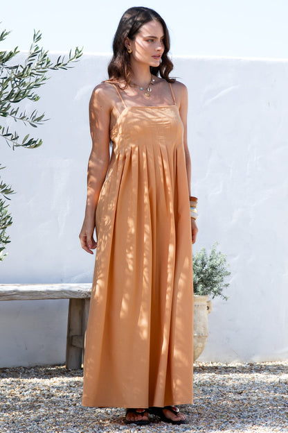 Hepburn Maxi Dress - Adjustable Strap Pleated Bodice Sun Dress in Peach
