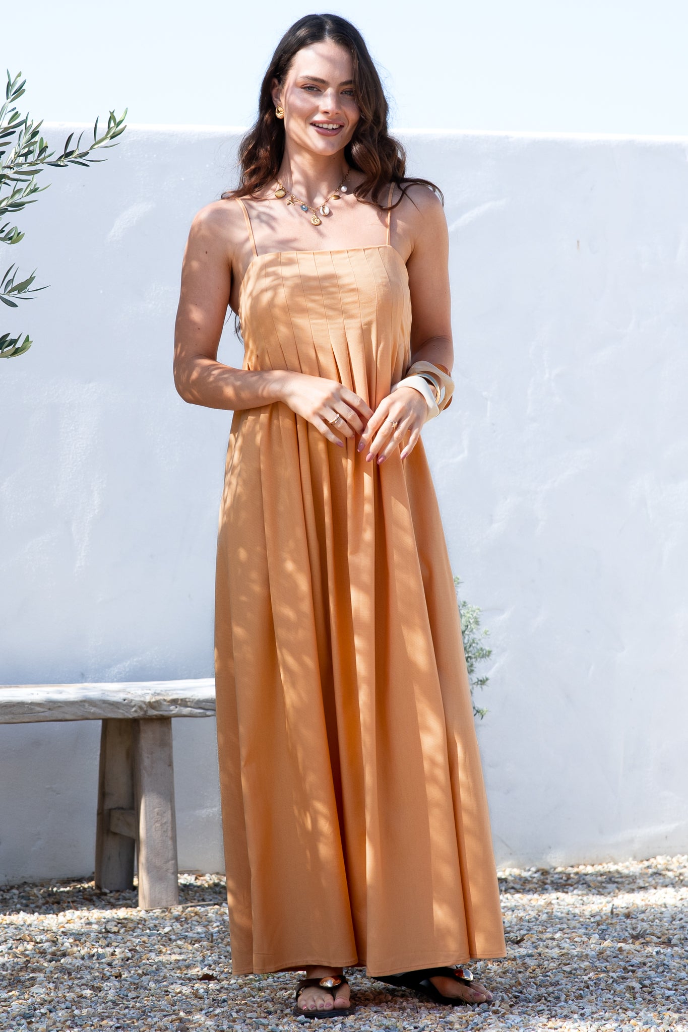 Hepburn Maxi Dress - Adjustable Strap Pleated Bodice Sun Dress in Peach