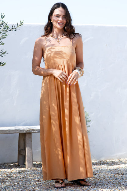 Hepburn Maxi Dress - Adjustable Strap Pleated Bodice Sun Dress in Peach