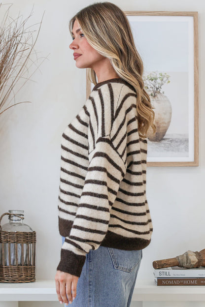 Hershey Jumper - Crew Neck Striped Ribbed Hem Knit in Cream/Chocolate