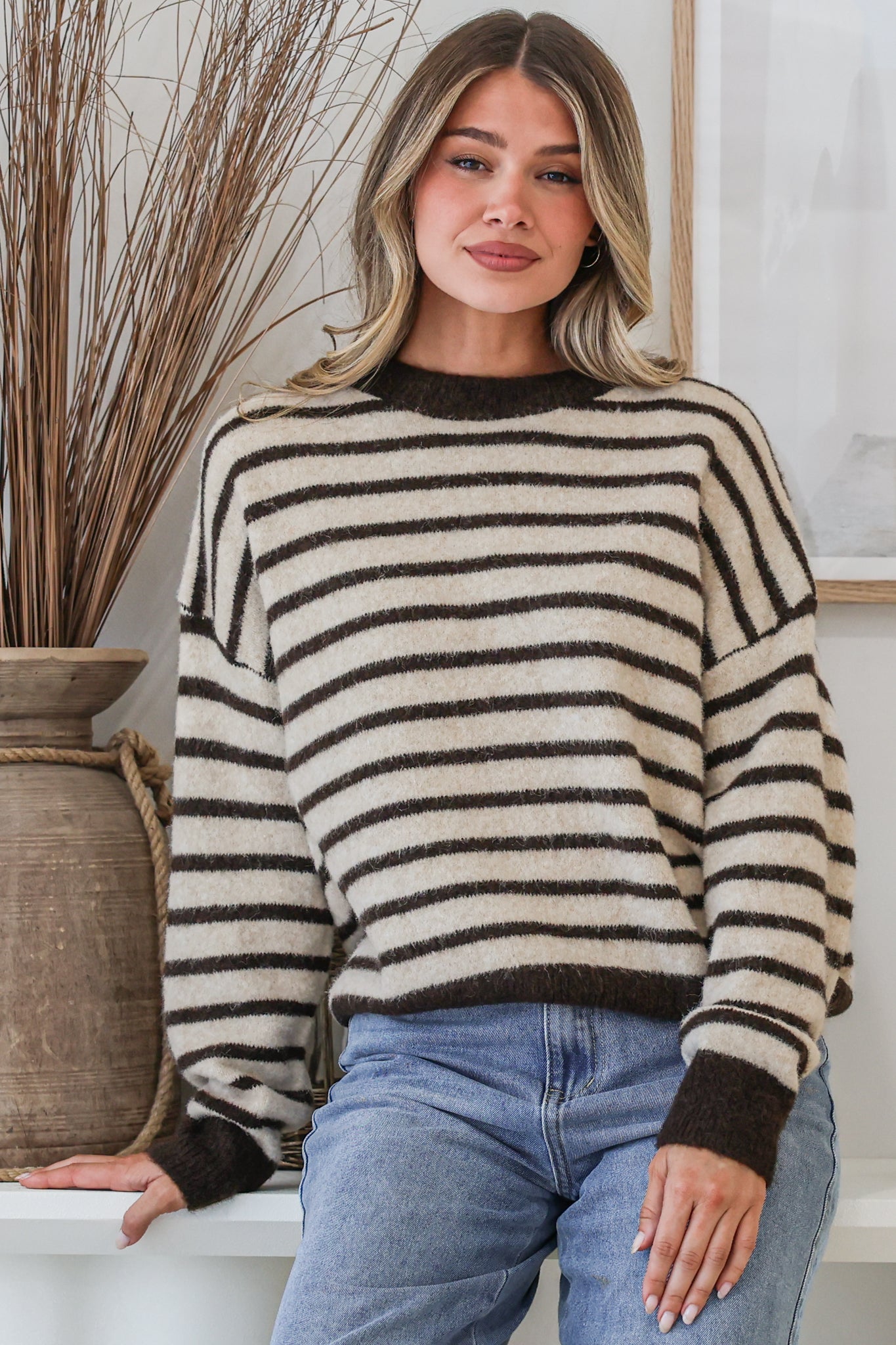 Hershey Jumper - Crew Neck Striped Ribbed Hem Knit in Cream/Chocolate