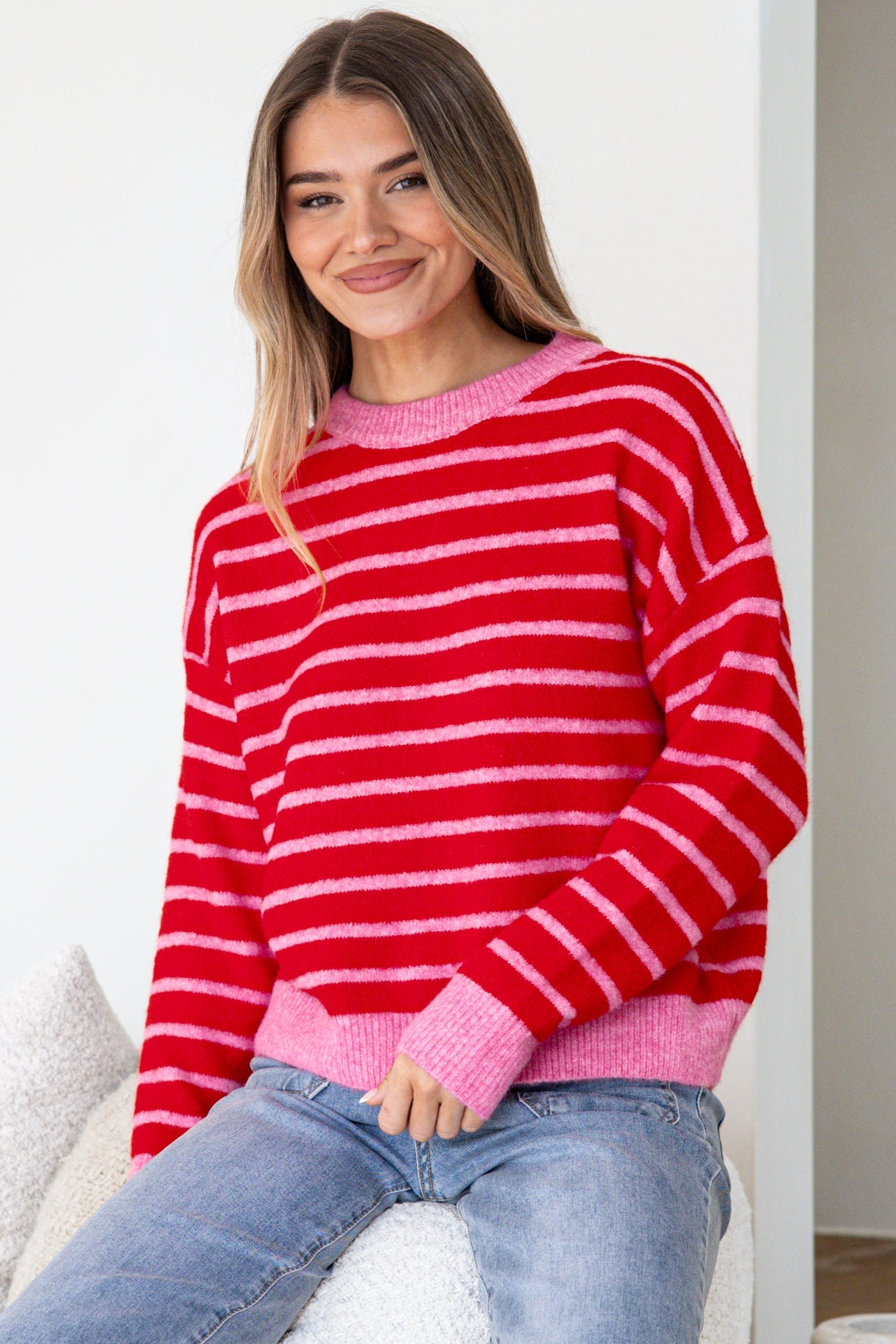 Hershey Jumper - Crew Neck Striped Ribbed Hem Knit in Pink/Red