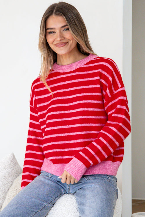 Hershey Jumper - Crew Neck Striped Ribbed Hem Knit in Pink/Red