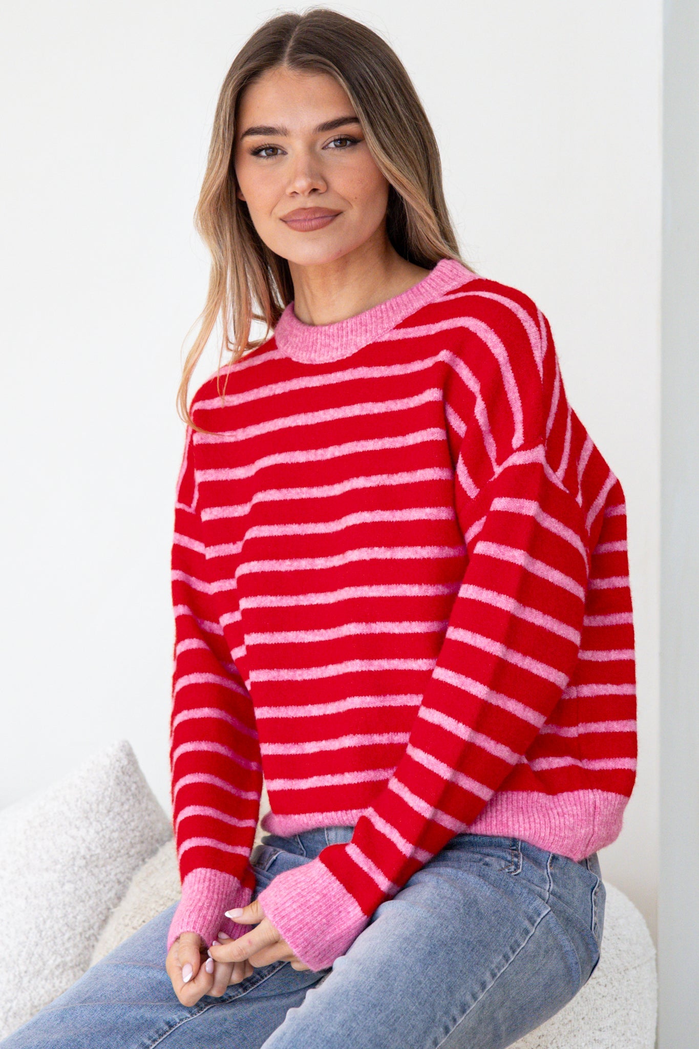 Hershey Jumper - Crew Neck Striped Ribbed Hem Knit in Pink/Red