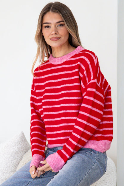 Hershey Jumper - Crew Neck Striped Ribbed Hem Knit in Pink/Red